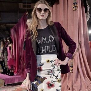 Alice + Olivia Top Black Beaded Wild Child Cap Sleeve Beaded Cotton Tee